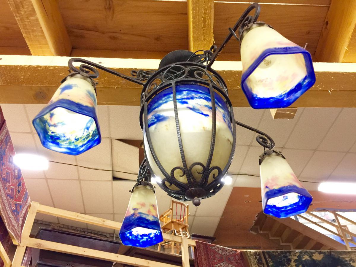 Glass Chandelier And Wrought Iron Signed By Degué Around 1930