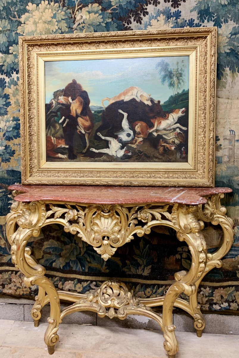 Huile Sur Toile Du Début Du 19 ème Siècle « la Chasse à L’ours »-photo-2