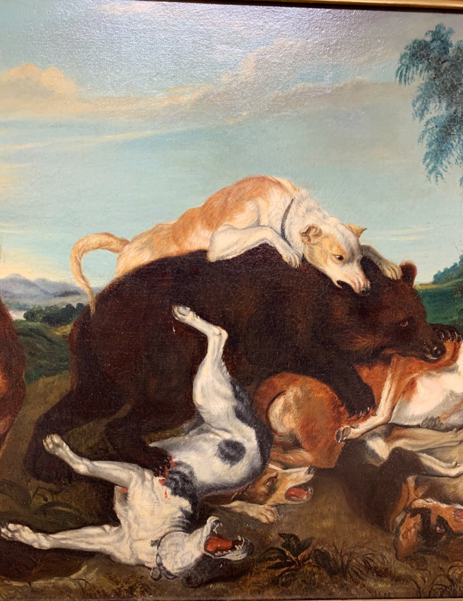 Huile Sur Toile Du Début Du 19 ème Siècle « la Chasse à L’ours »-photo-4