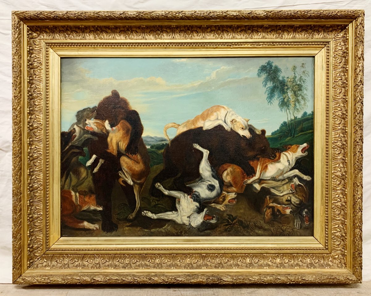 Huile Sur Toile Du Début Du 19 ème Siècle « la Chasse à L’ours »-photo-5