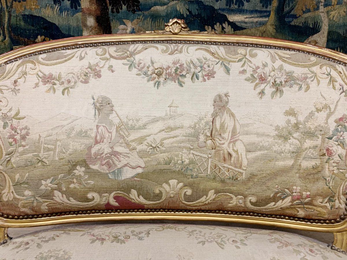 Sofa Louis XV Style Golden Wood Napoleon III Aubusson Tapestry Original -photo-3