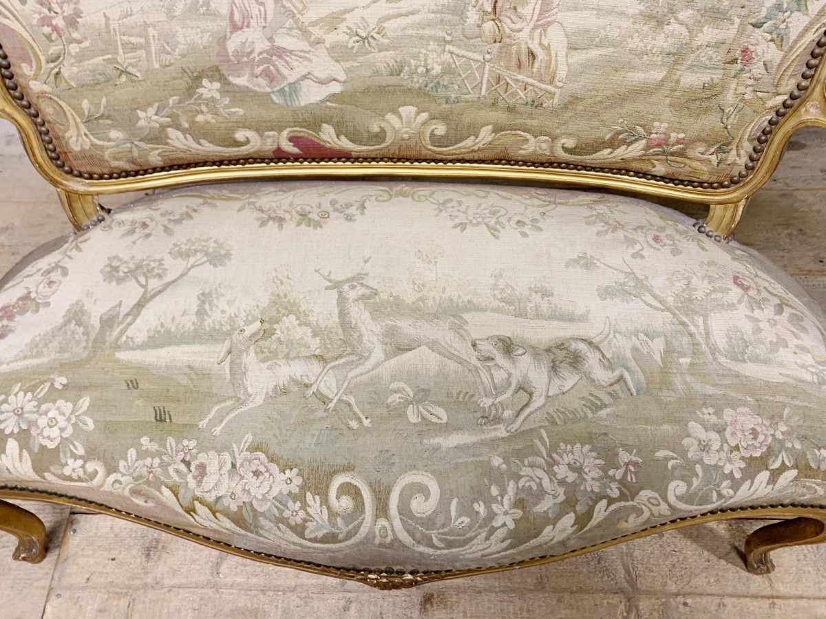 Canapé De Style Louis XV Bois Doré Napoléon III Tapisserie D’aubusson D’origine « aux Chinois »-photo-1