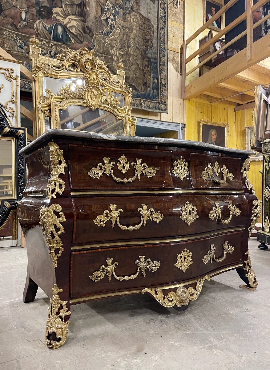 Louis XV Period Commode In Marquetry And Gilt Bronze Eighteenth Century-photo-3