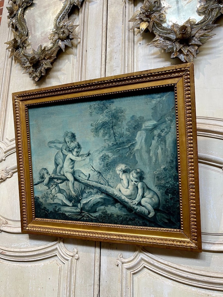 Oil On Canvas In Grisaille Early XIXth Century, Putti Scene-photo-3