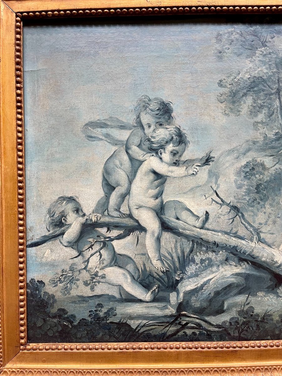 Oil On Canvas In Grisaille Early XIXth Century, Putti Scene-photo-2