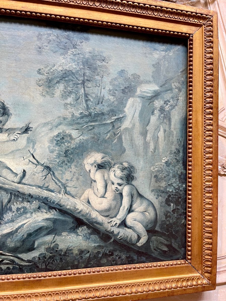 Oil On Canvas In Grisaille Early XIXth Century, Putti Scene-photo-3