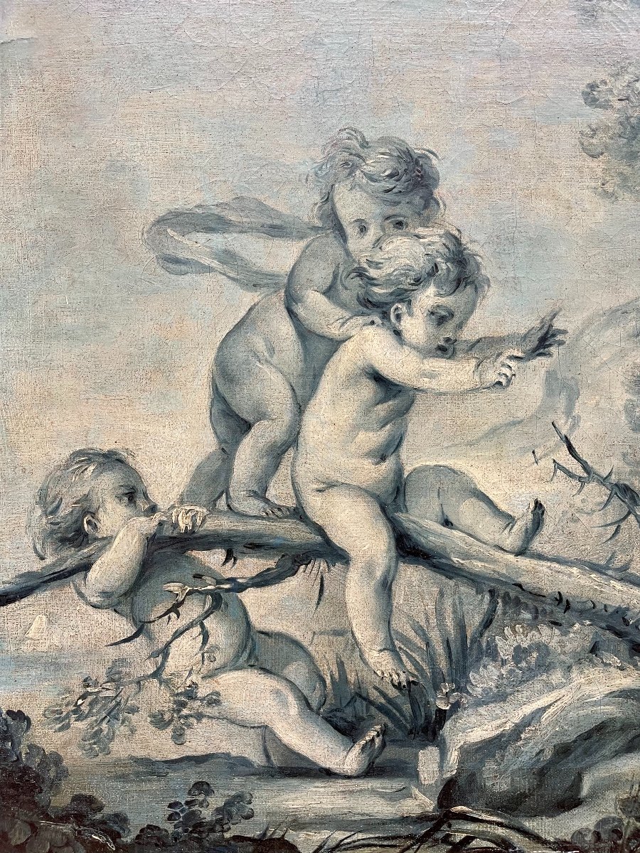 Oil On Canvas In Grisaille Early XIXth Century, Putti Scene-photo-4
