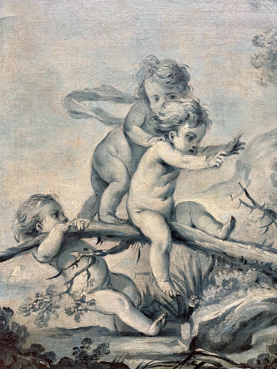 Huile Sur Toile En Grisaille Début Du XIX ème Siècle, Scène De Putti -photo-4