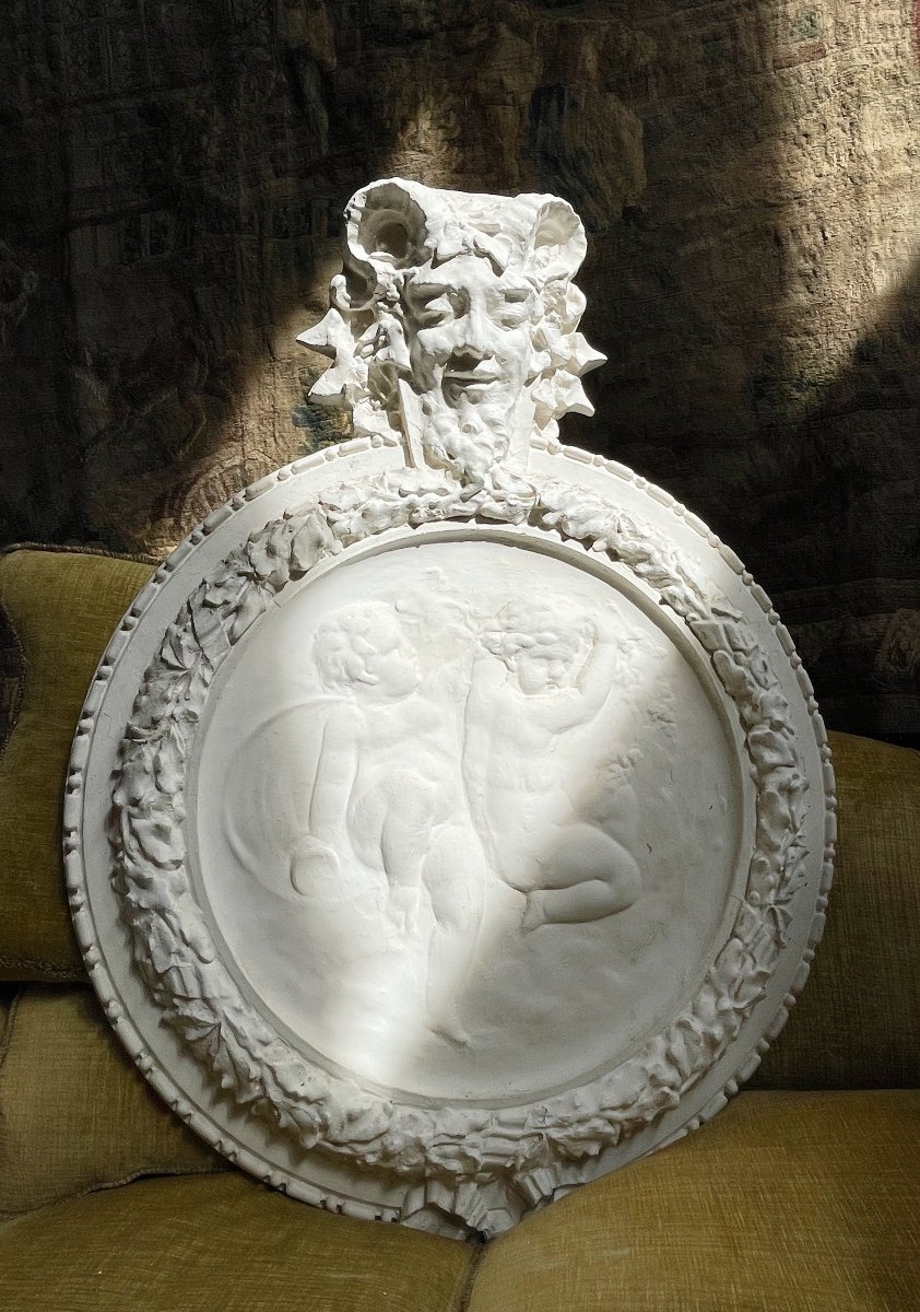 Pair Of Bas-relief In Plaster With Putti And Fauns, Decorative Work Circa 1950-photo-3