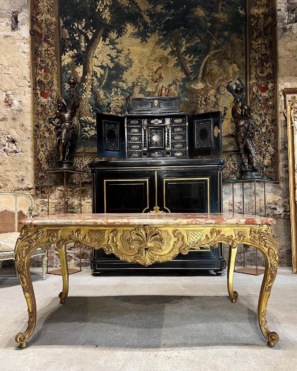 Table à gibier en bois doré de style Louis XV Dessus De Marbre Rouge du languedoc XIX ème siècle -photo-2