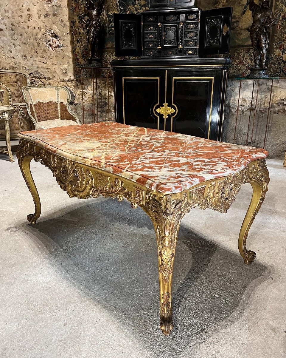 Table à gibier en bois doré de style Louis XV Dessus De Marbre Rouge du languedoc XIX ème siècle -photo-3