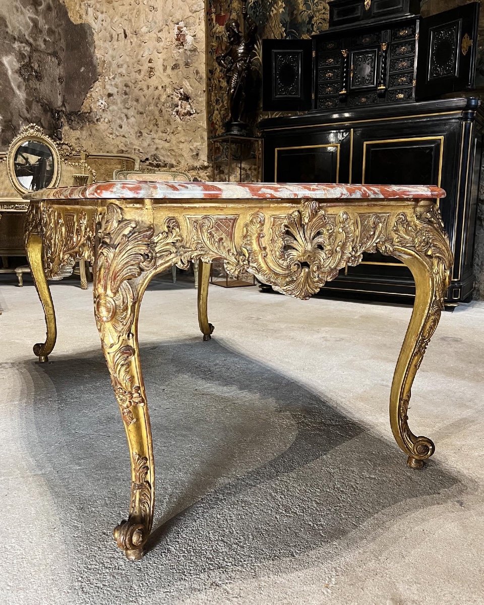 Table à gibier en bois doré de style Louis XV Dessus De Marbre Rouge du languedoc XIX ème siècle -photo-4