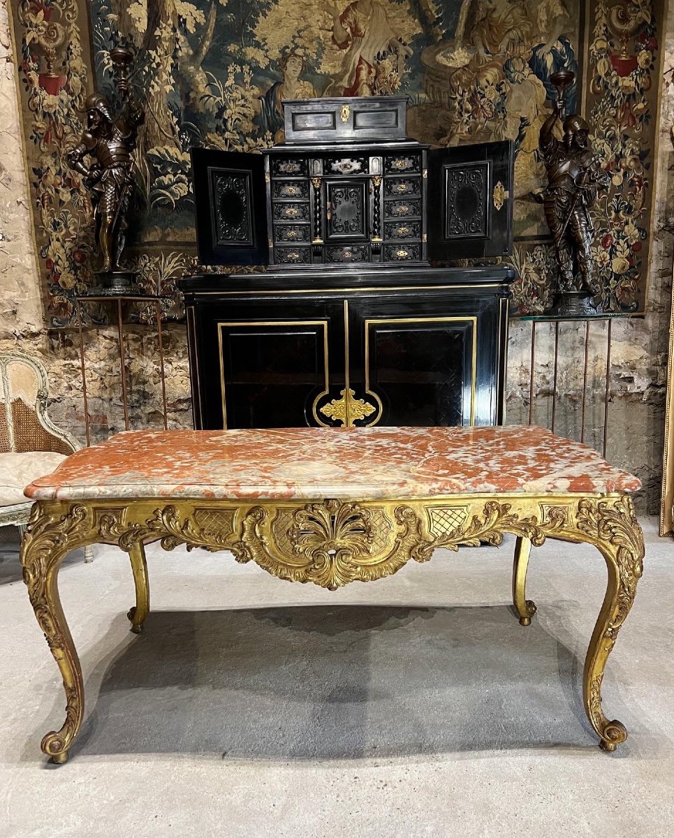 Table à gibier en bois doré de style Louis XV Dessus De Marbre Rouge du languedoc XIX ème siècle -photo-1