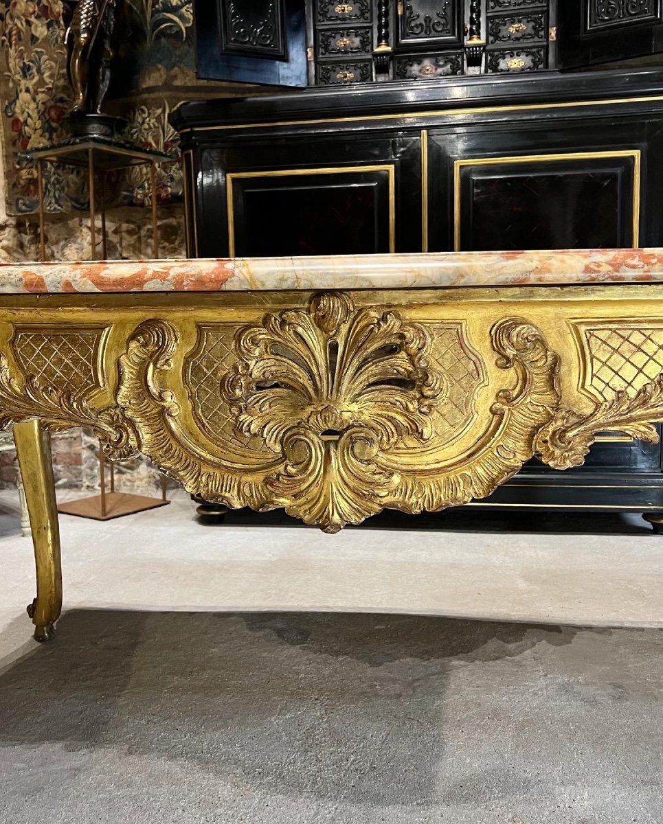 Table à gibier en bois doré de style Louis XV Dessus De Marbre Rouge du languedoc XIX ème siècle -photo-2