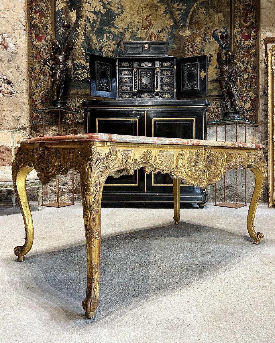 Table à gibier en bois doré de style Louis XV Dessus De Marbre Rouge du languedoc XIX ème siècle -photo-6
