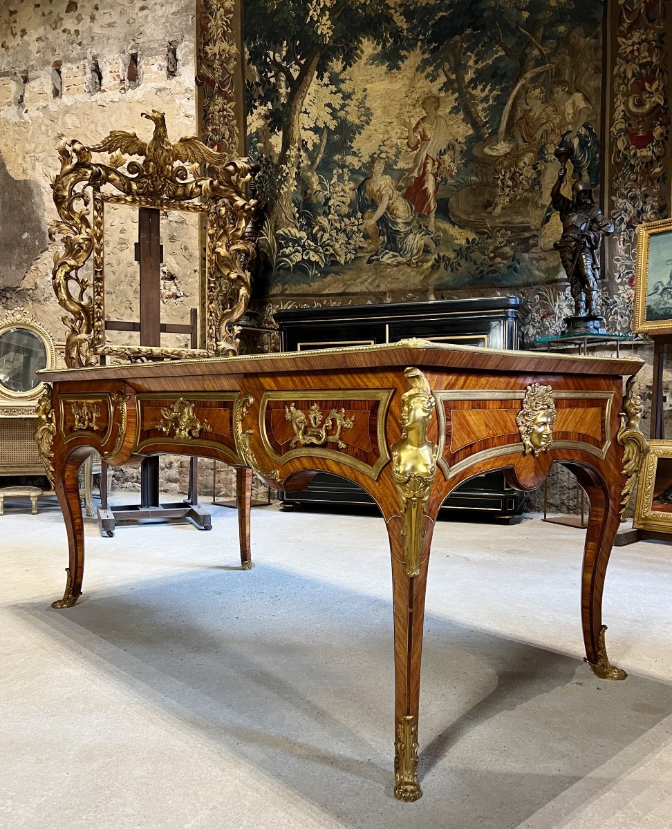 Bureau Plat De Style Louis XV En Marqueterie D’époque Napoléon III D’après Charles Cressent -photo-3