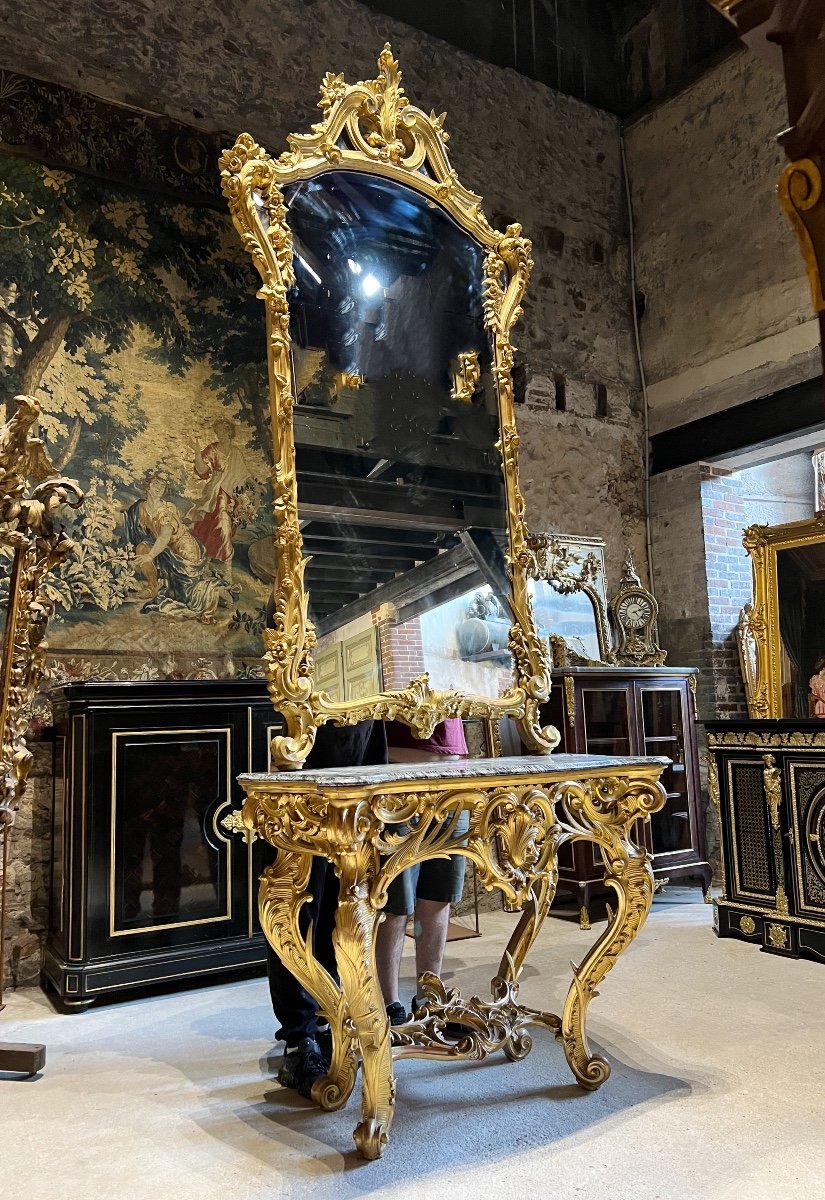 Mirror And Its Console In Golden Wood, Napoleon III XIXth Century-photo-3