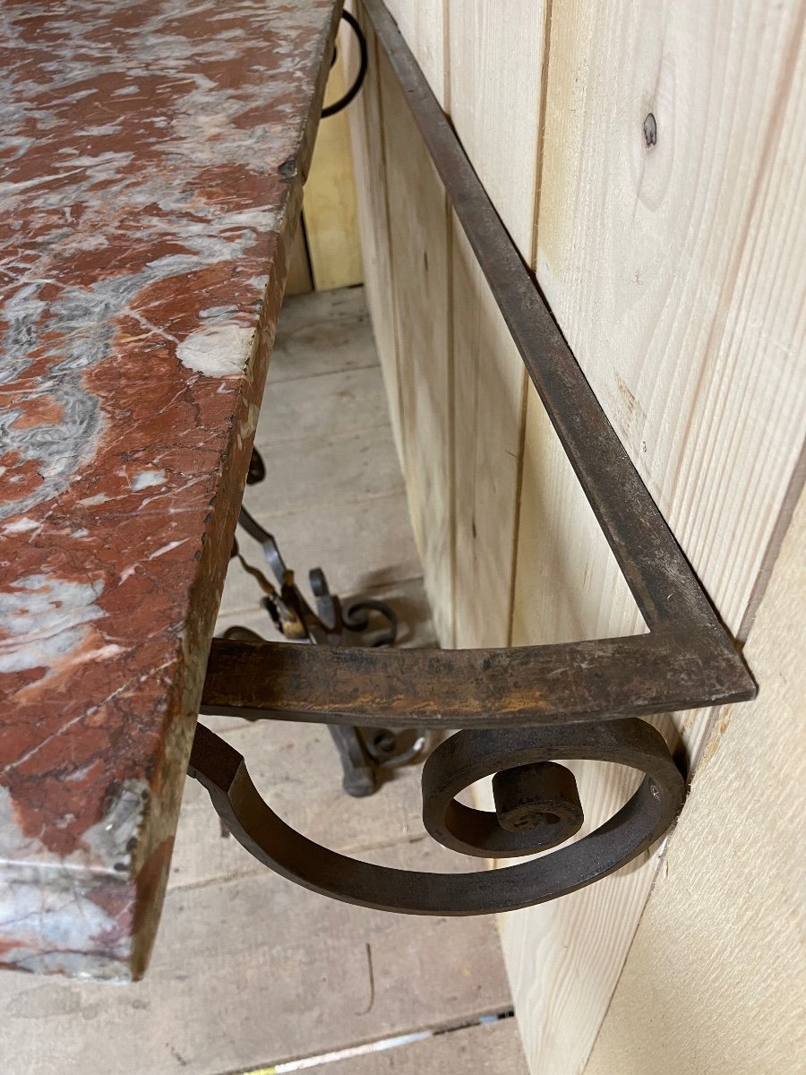 Console En Fer Forgé  Début Du XIX ème Siècle style Louis XV Dessus De Marbre Rouge des Pyrénées -photo-5