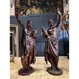 Pair Of “egyptian” Torchieres In Cast Iron From Val d'Osne 19th Century