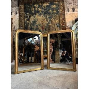 Paire De Miroirs D’époque Louis Philippe En Bois Doré 1m30 X 89 Cm 