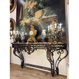 Console en fer forgé du XIX ème siècle , dessus de marbre rouge de Rance
