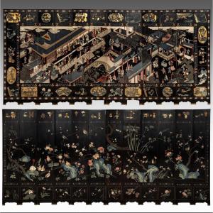 Paravent monumental en laque de coromandel chinois première moitié du 20 ème  275 cm x 600 cm