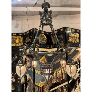 Lustre en fer forgé aux Élans d’époque Art Déco