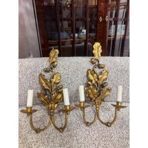 Pair Of Wall Sconces With Oak Leaves And Acorns, Attributed To Jansen 
