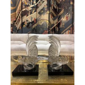 Pair Of René Lalique "nain" Rooster Bookends, 1928 