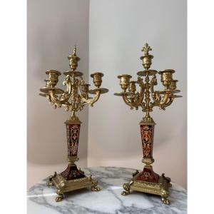 Paire de candélabres en marqueterie Boulle et bronze doré d’époque Napoléon III