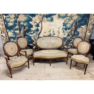 Salon de style Louis XVI Napoléon III Recouvert De Sa Tapisserie d'Aubusson 19 ème Siècle