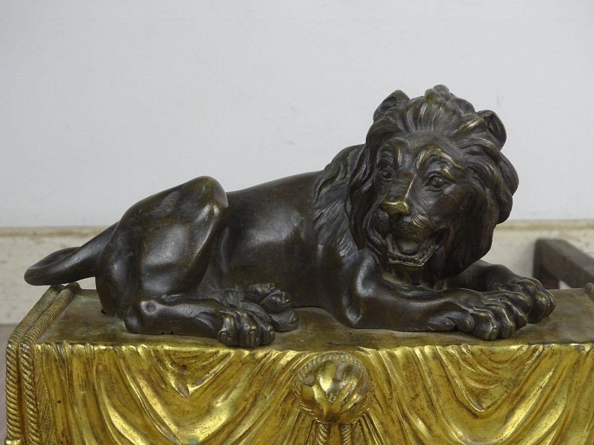 Thomire Et Boizot - Paire De Chenets Aux Lions d'époque Louis XVI -photo-1