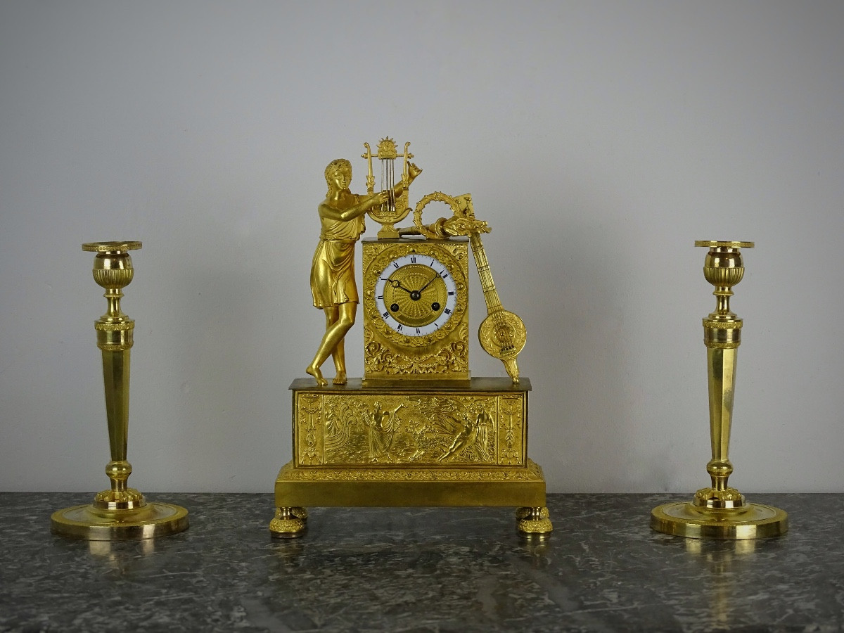 Pendule en bronze doré - Epoque Empire - Mythe d'Orphée et Eurydice