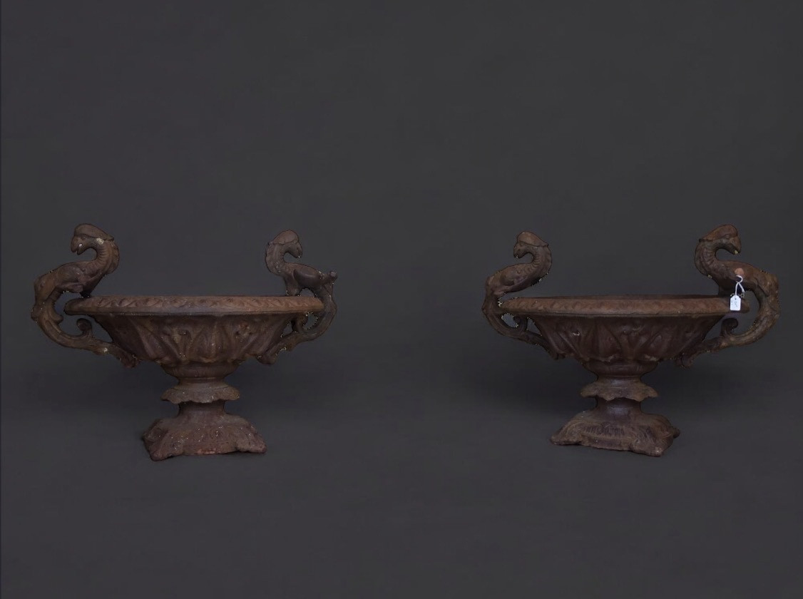 Pair Of Large Cast Iron Vases Decorated With Griffins, France, 19th Century