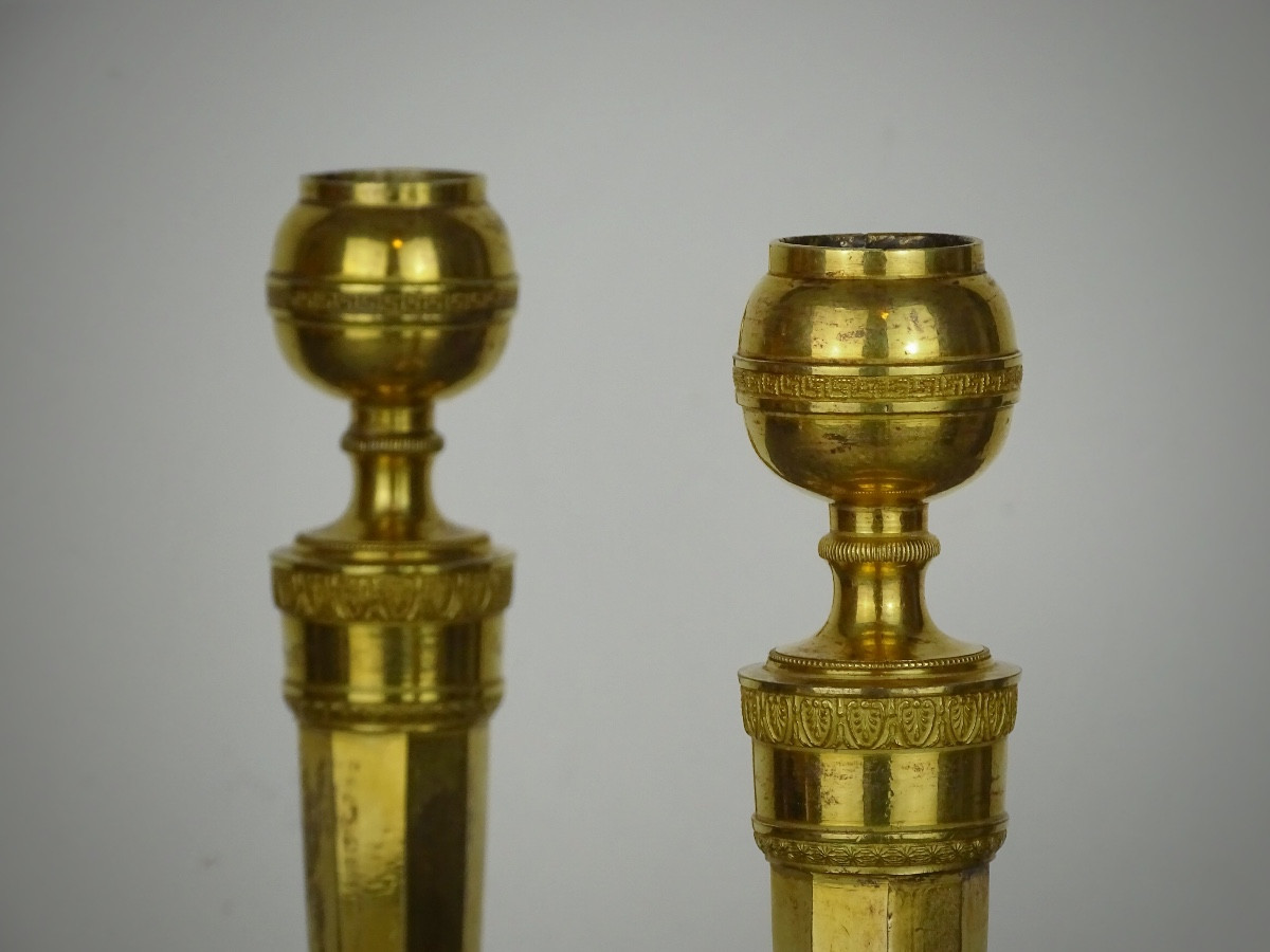 Percier et Fonataine - Paire de Bougeoirs - Flambeaux en Bronze Doré d'époque Empire, Vers 1800-photo-2