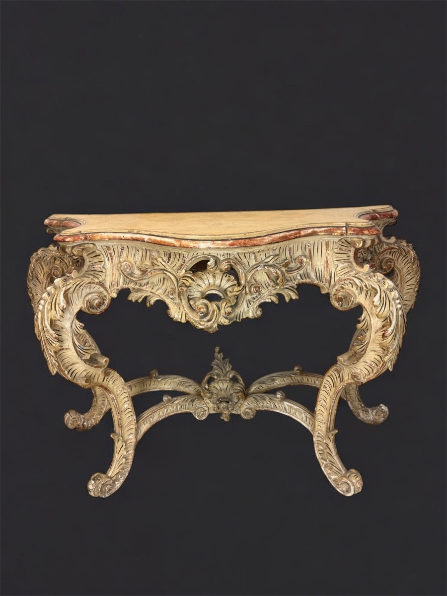 Monumental Console And Mirror In The Venetian Rococo Style – Italy, 19th Century – Height 3.30 M-photo-2