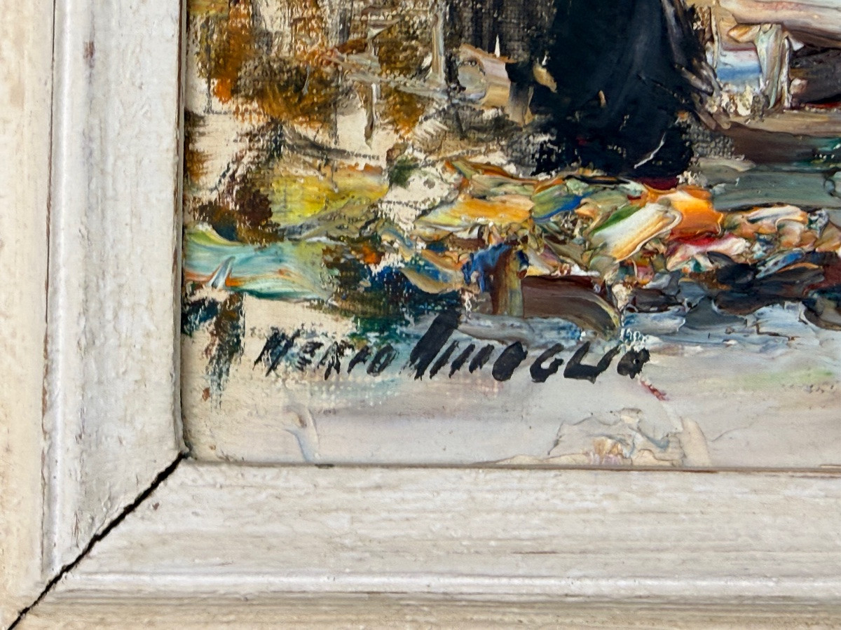 Merio Ameglio – “Vue d’un marché” – Huile sur carton, scène animée provençale-photo-1