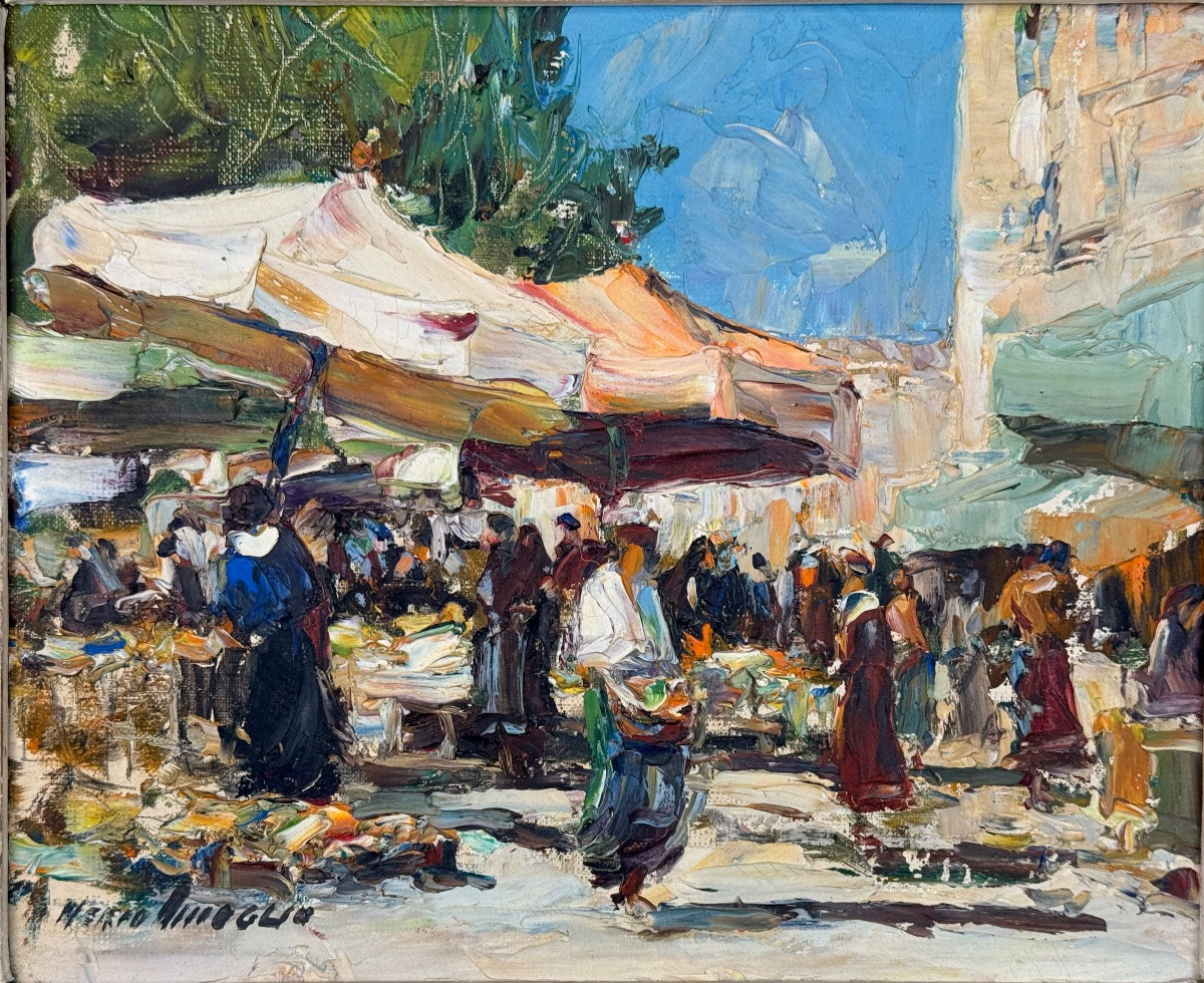 Merio Ameglio – “Vue d’un marché” – Huile sur carton, scène animée provençale-photo-2