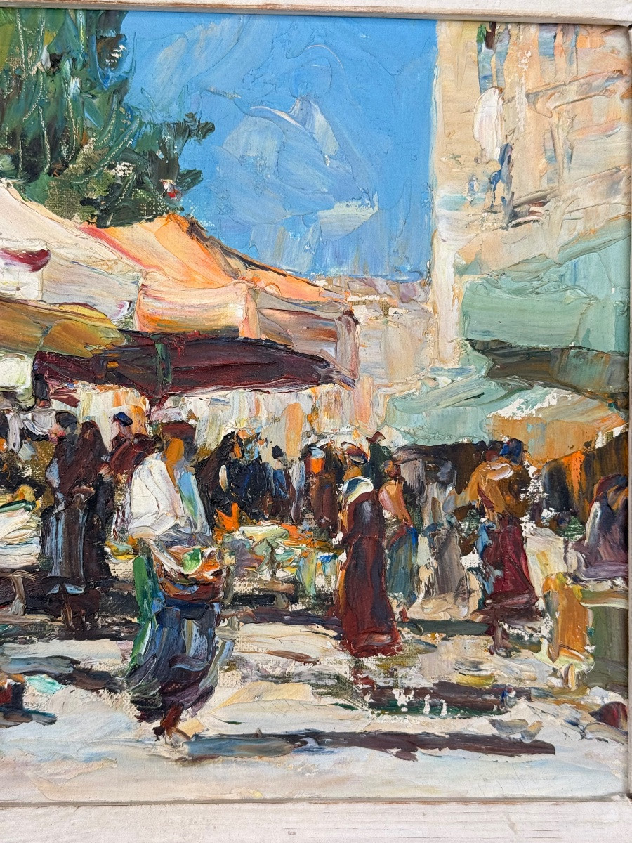 Merio Ameglio – “Vue d’un marché” – Huile sur carton, scène animée provençale-photo-4