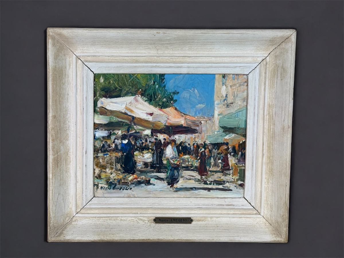 Merio Ameglio – “Vue d’un marché” – Huile sur carton, scène animée provençale