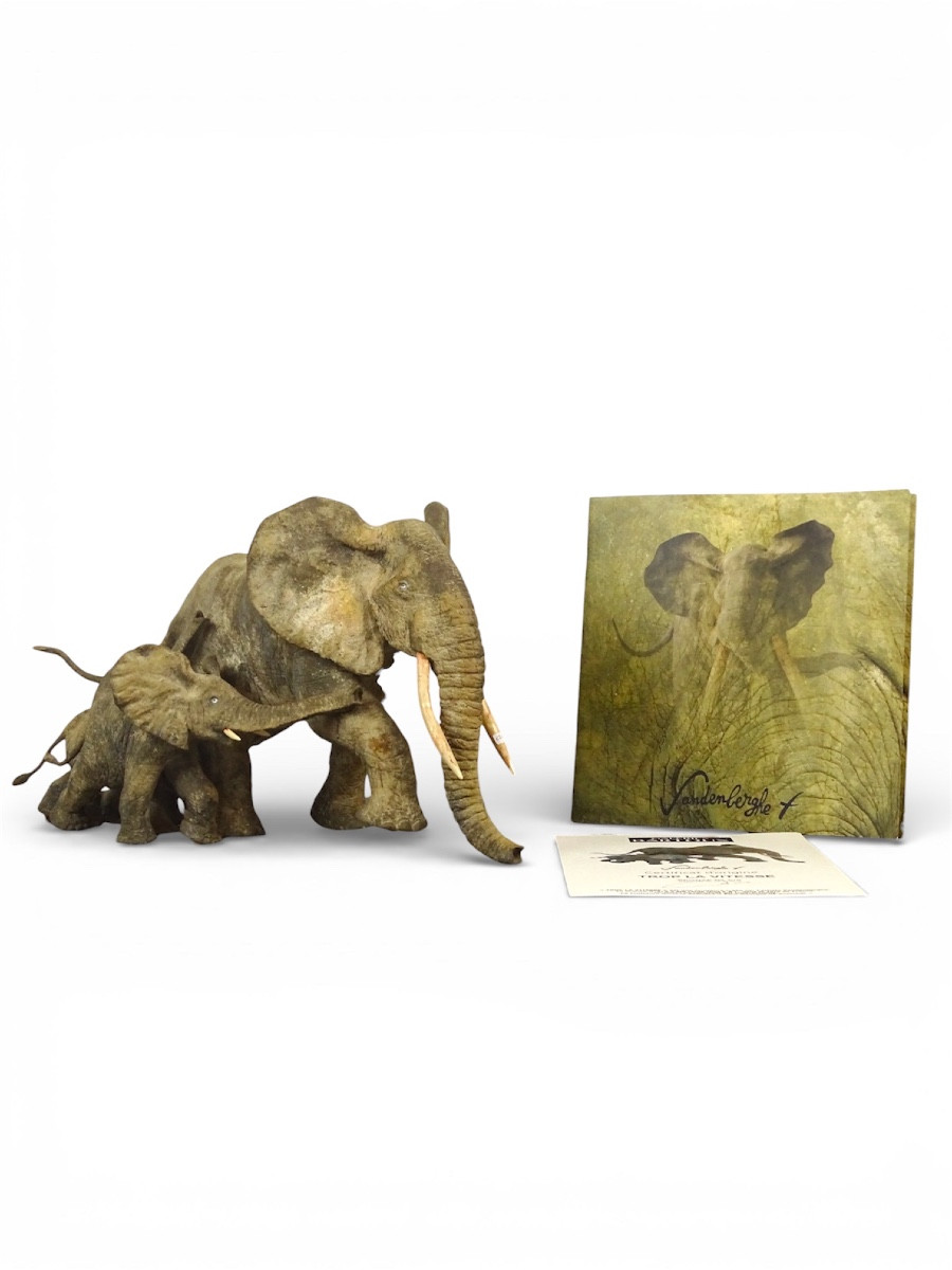 VANDENBERGHE François - « Trop La Vitesse » Groupe de 3 éléphants en Bronze Patiné