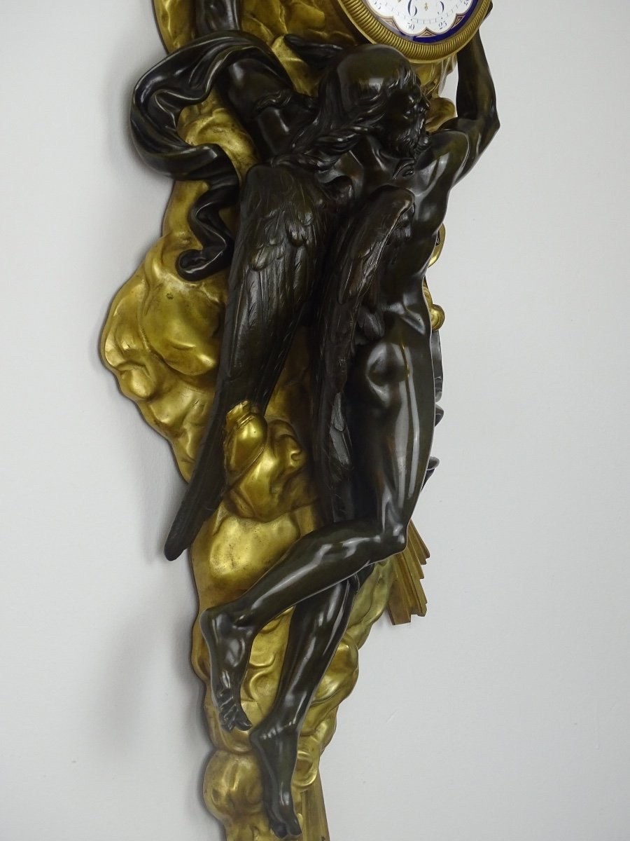 Important Bronze Wall Sign With Double Patina - Chronos And A Cherub-photo-2