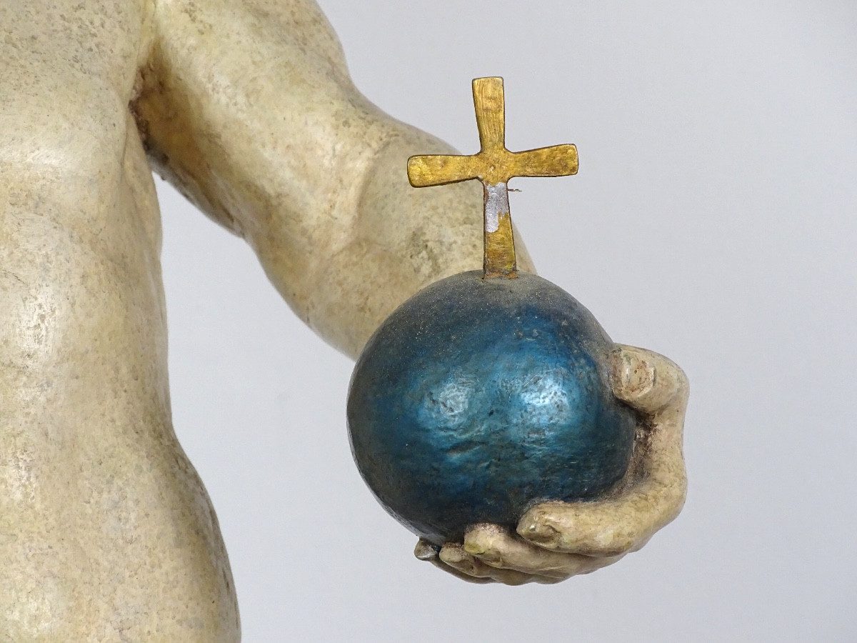 Importante statue de l’Enfant Jésus Salvator Mundi, sculpture religieuse en bois polychrome-photo-3