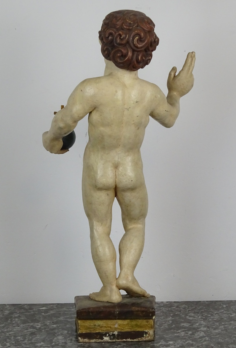 Importante statue de l’Enfant Jésus Salvator Mundi, sculpture religieuse en bois polychrome-photo-1