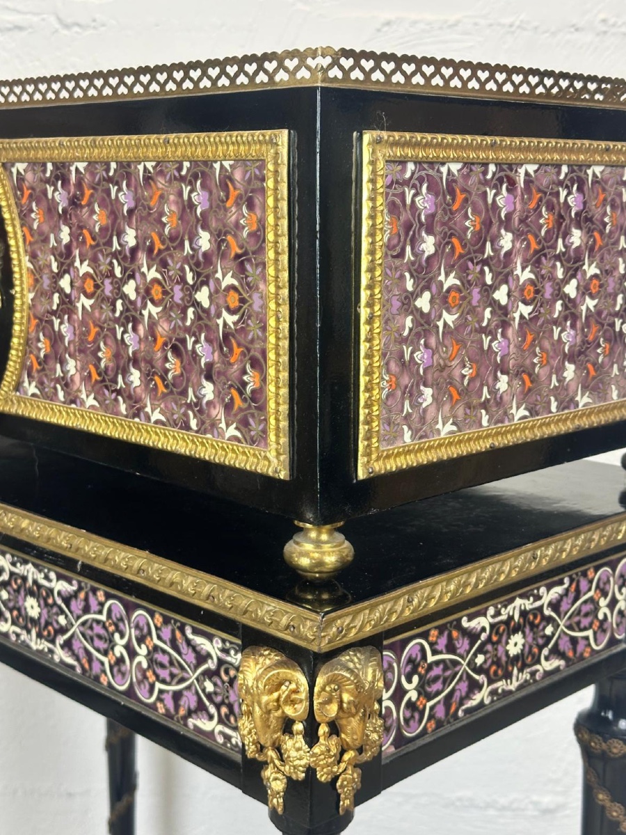 Central Planter And Its Base In Cloisonné Enamel, Blackened Wood And Gilded Bronze-photo-3