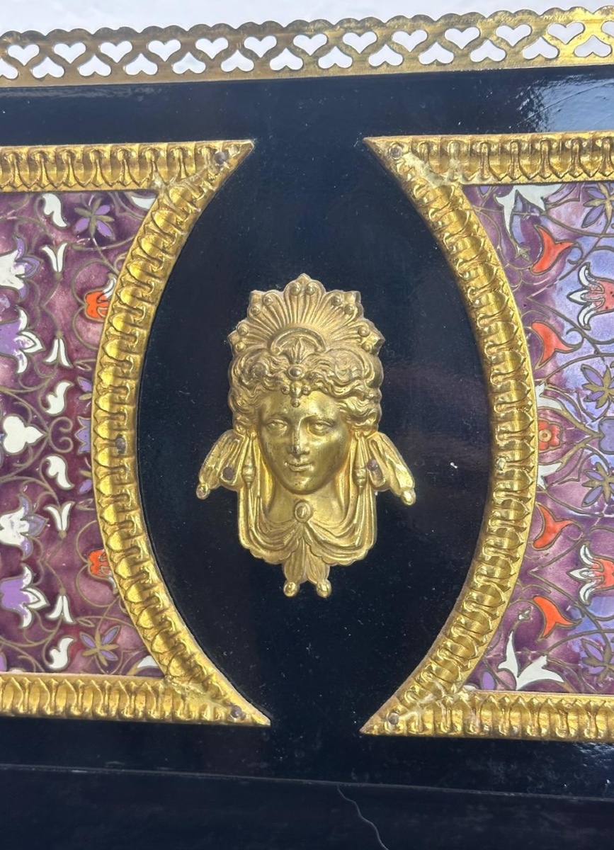 Central Planter And Its Base In Cloisonné Enamel, Blackened Wood And Gilded Bronze-photo-4