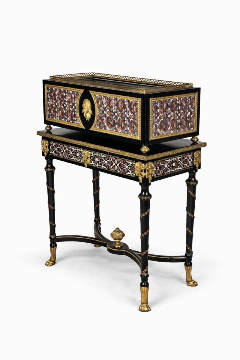 Central Planter And Its Base In Cloisonné Enamel, Blackened Wood And Gilded Bronze