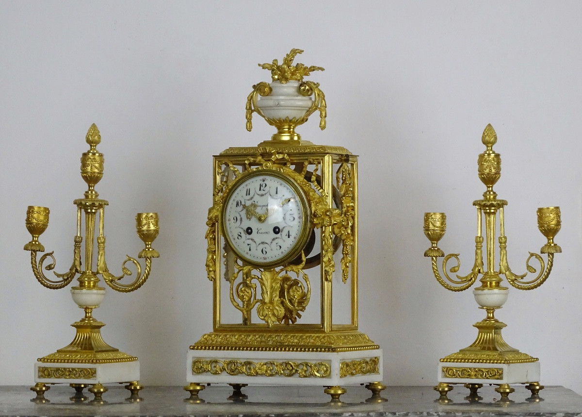 Louis XVI Style Mantel Set - Cage Clock And Its Candelabras - Marble And Bronze-photo-2