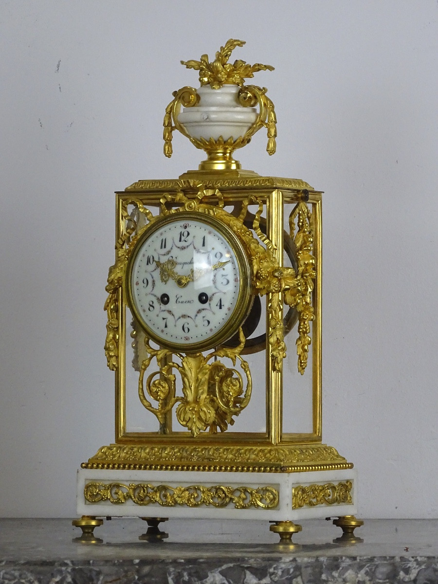Louis XVI Style Mantel Set - Cage Clock And Its Candelabras - Marble And Bronze-photo-3
