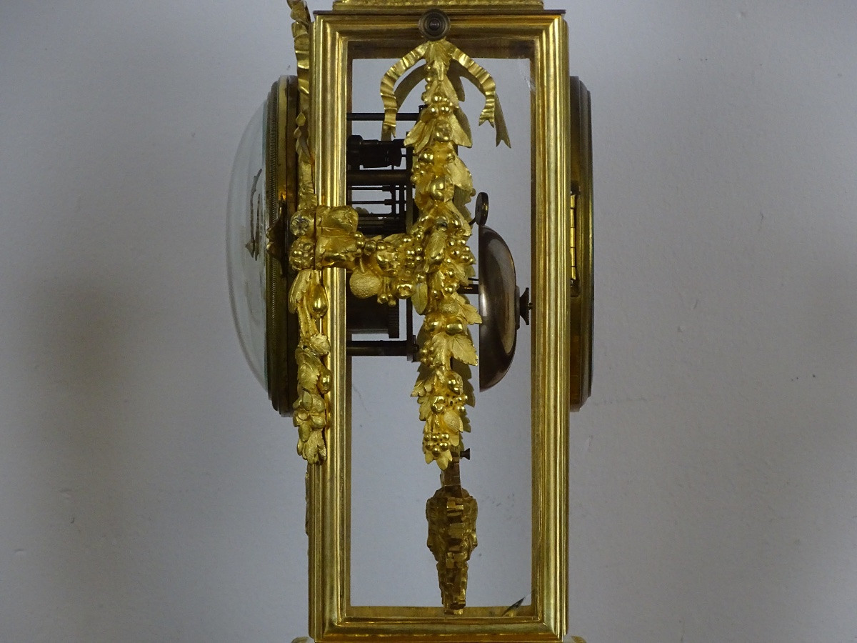 Louis XVI Style Mantel Set - Cage Clock And Its Candelabras - Marble And Bronze-photo-2